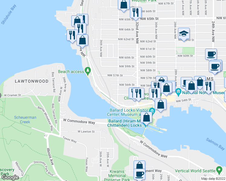 map of restaurants, bars, coffee shops, grocery stores, and more near 3409 Northwest Market Street in Seattle