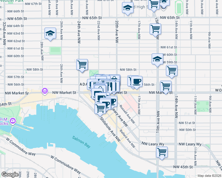map of restaurants, bars, coffee shops, grocery stores, and more near 2017 Northwest Market Street in Seattle