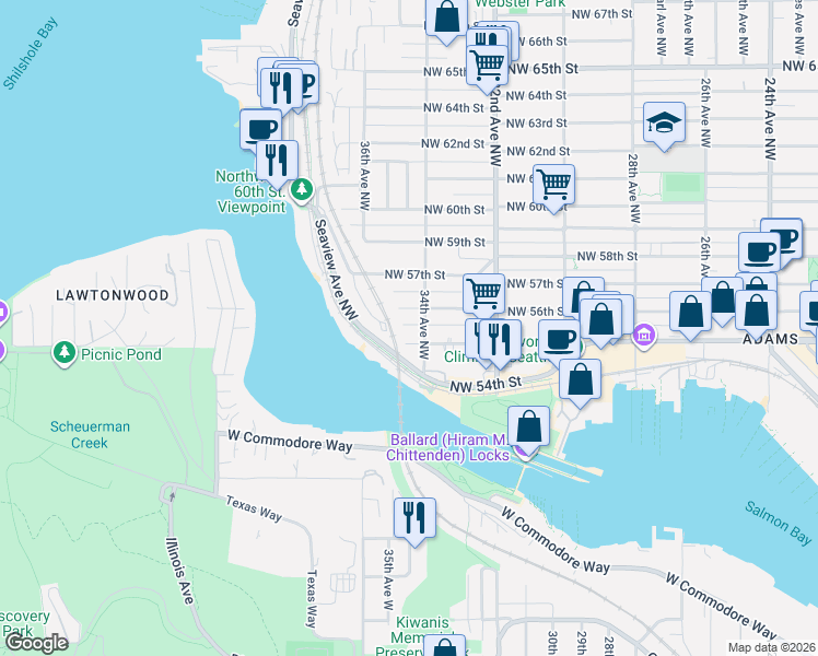 map of restaurants, bars, coffee shops, grocery stores, and more near 3409 Northwest Market Street in Seattle