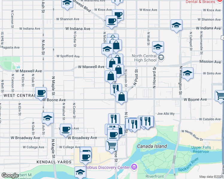 map of restaurants, bars, coffee shops, grocery stores, and more near 1229 North Monroe Street in Spokane