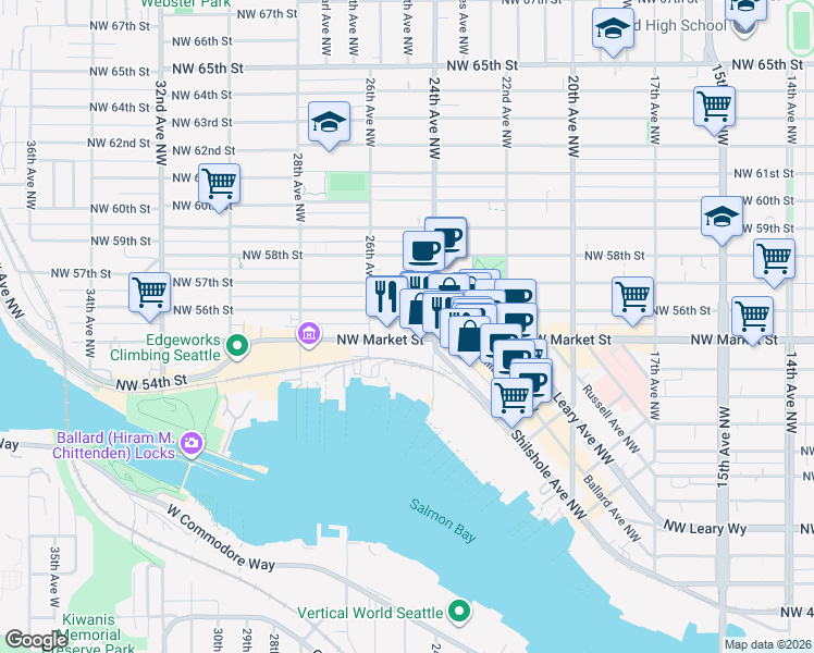 map of restaurants, bars, coffee shops, grocery stores, and more near 2428 Northwest Market Street in Seattle