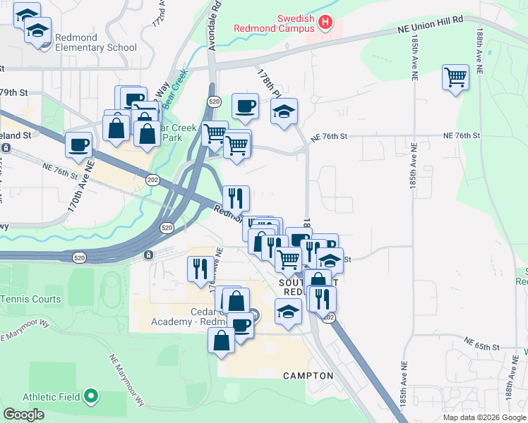 map of restaurants, bars, coffee shops, grocery stores, and more near 38 in Redmond