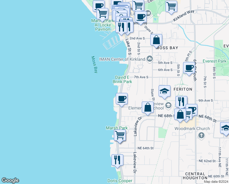 map of restaurants, bars, coffee shops, grocery stores, and more near 905 Lake Street South in Kirkland