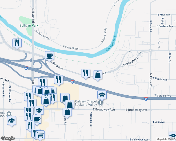map of restaurants, bars, coffee shops, grocery stores, and more near 16201 East Indiana Avenue in Spokane Valley