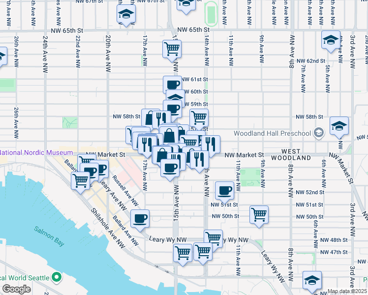 map of restaurants, bars, coffee shops, grocery stores, and more near in Seattle