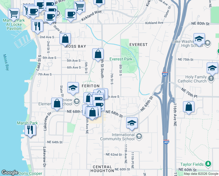 map of restaurants, bars, coffee shops, grocery stores, and more near 622 7th Street South in Kirkland