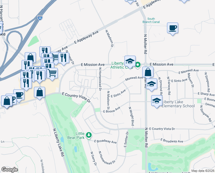 map of restaurants, bars, coffee shops, grocery stores, and more near 23008 Maxwell Avenue in Liberty Lake