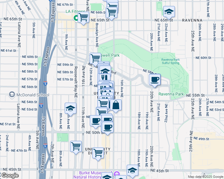 map of restaurants, bars, coffee shops, grocery stores, and more near 5519 15th Avenue Northeast in Seattle