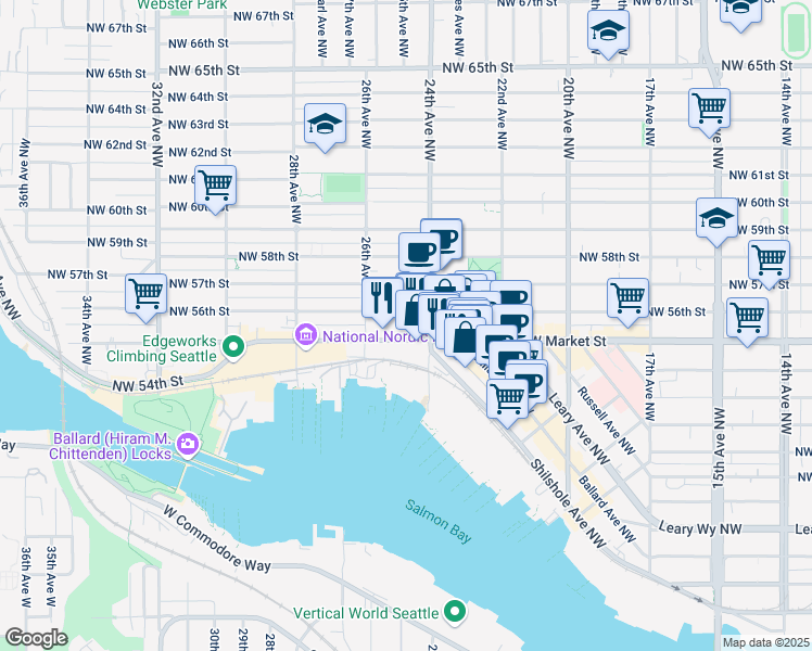 map of restaurants, bars, coffee shops, grocery stores, and more near 2428 Northwest Market Street in Seattle