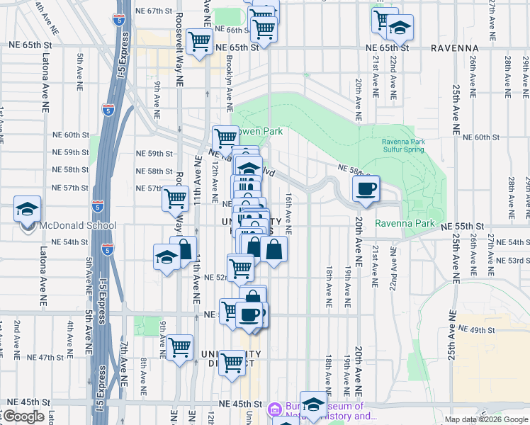 map of restaurants, bars, coffee shops, grocery stores, and more near 1505 Northeast 55th Street in Seattle