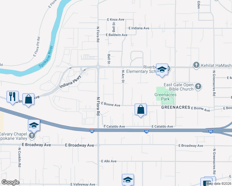 map of restaurants, bars, coffee shops, grocery stores, and more near 1211 North Arc Street in Spokane Valley