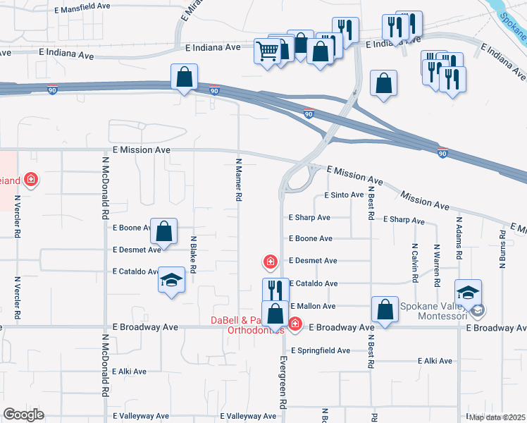map of restaurants, bars, coffee shops, grocery stores, and more near 1201 North Evergreen Road in Spokane Valley