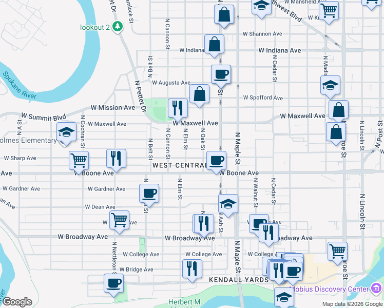 map of restaurants, bars, coffee shops, grocery stores, and more near 1827 West Sharp Avenue in Spokane