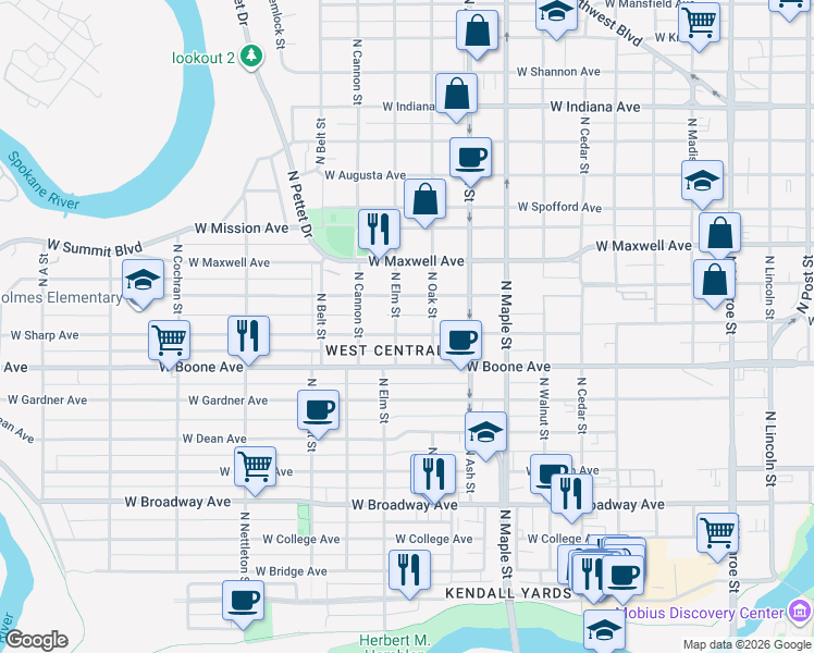 map of restaurants, bars, coffee shops, grocery stores, and more near 1827 West Sharp Avenue in Spokane