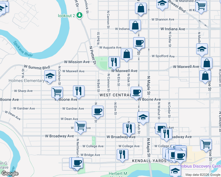 map of restaurants, bars, coffee shops, grocery stores, and more near in Spokane