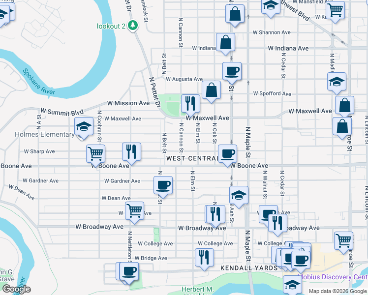 map of restaurants, bars, coffee shops, grocery stores, and more near in Spokane