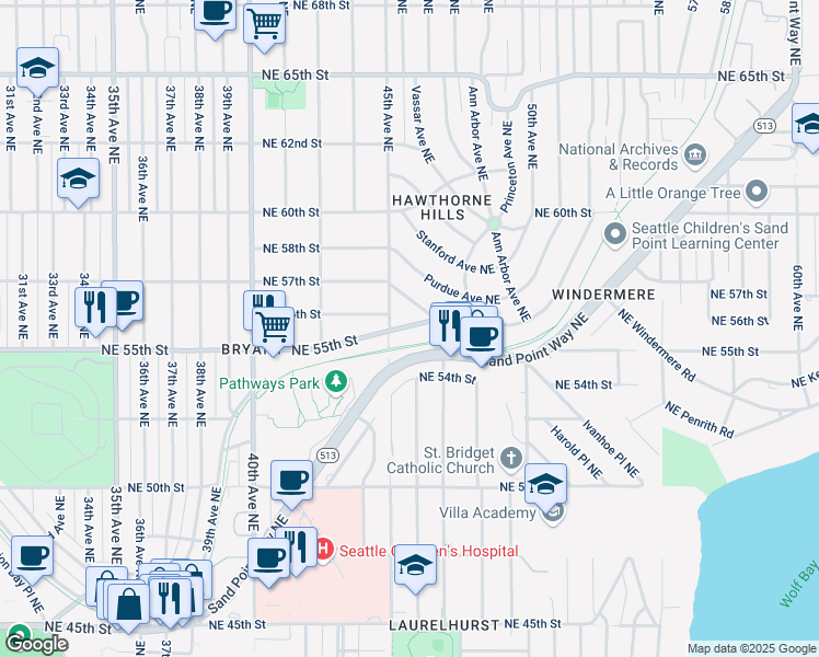 map of restaurants, bars, coffee shops, grocery stores, and more near 4523 Northeast 55th Street in Seattle