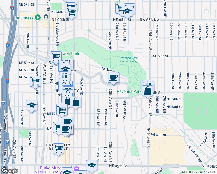map of restaurants, bars, coffee shops, grocery stores, and more near 5268 19th Avenue Northeast in Seattle