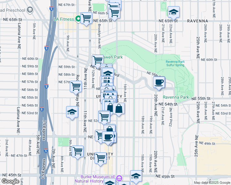 map of restaurants, bars, coffee shops, grocery stores, and more near 1505 Northeast 55th Street in Seattle
