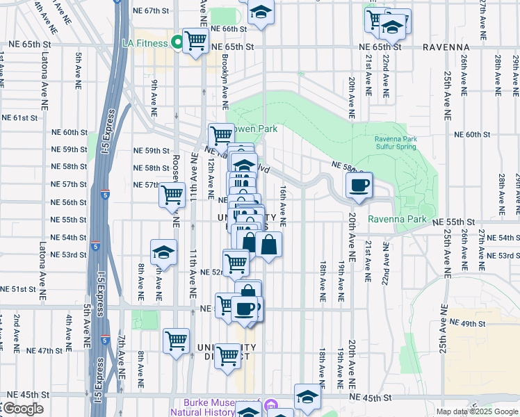map of restaurants, bars, coffee shops, grocery stores, and more near 1505 Northeast 55th Street in Seattle
