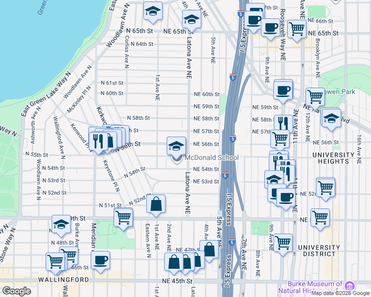 map of restaurants, bars, coffee shops, grocery stores, and more near 144 Northeast 54th Street in Seattle