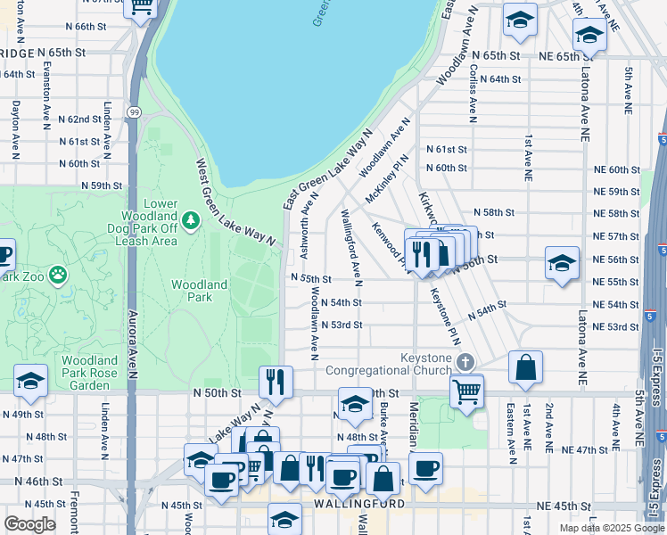 map of restaurants, bars, coffee shops, grocery stores, and more near 1631 North 55th Street in Seattle