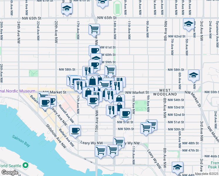 map of restaurants, bars, coffee shops, grocery stores, and more near 1423 Northwest Market Street in Seattle