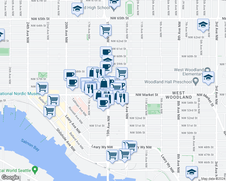 map of restaurants, bars, coffee shops, grocery stores, and more near in Seattle