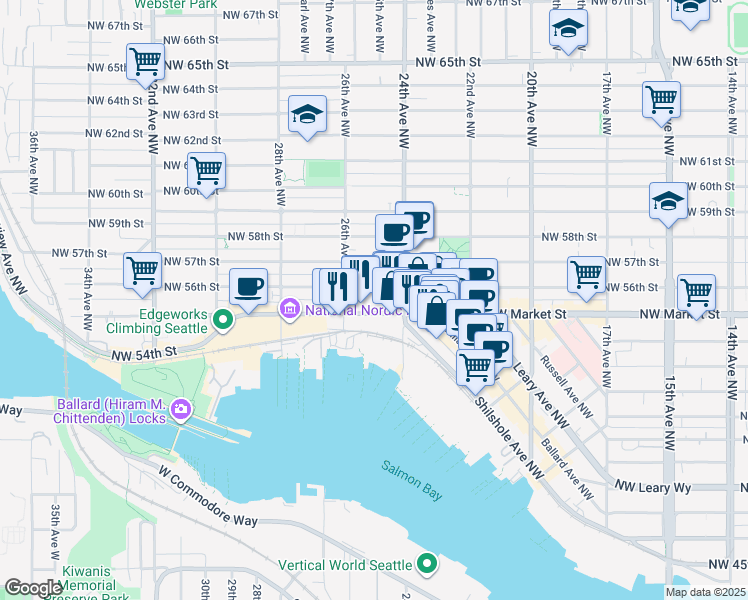 map of restaurants, bars, coffee shops, grocery stores, and more near 2501 Northwest Market Street in Seattle