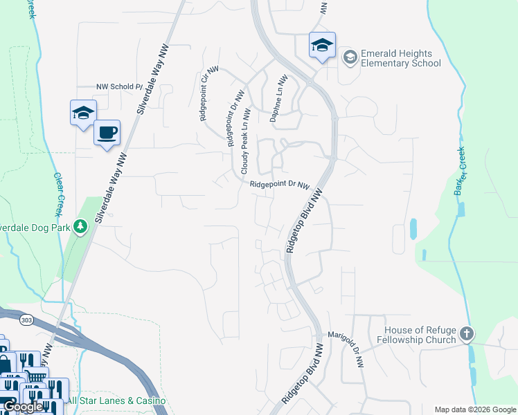 map of restaurants, bars, coffee shops, grocery stores, and more near 1612 Seasons Lane Northwest in Silverdale