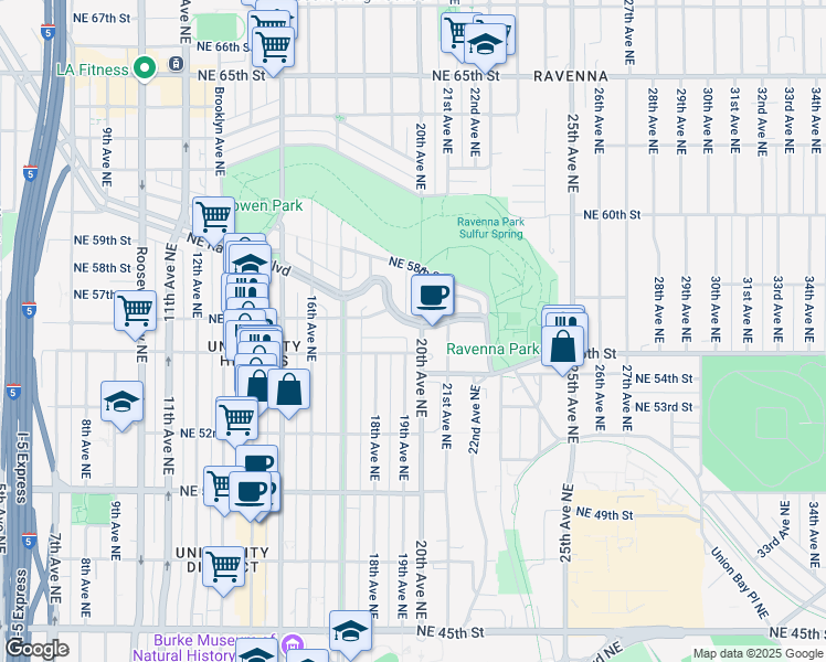 map of restaurants, bars, coffee shops, grocery stores, and more near 5268 19th Avenue Northeast in Seattle
