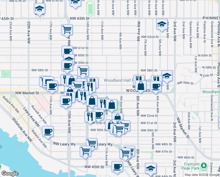 map of restaurants, bars, coffee shops, grocery stores, and more near 929 Northwest Market Street in Seattle