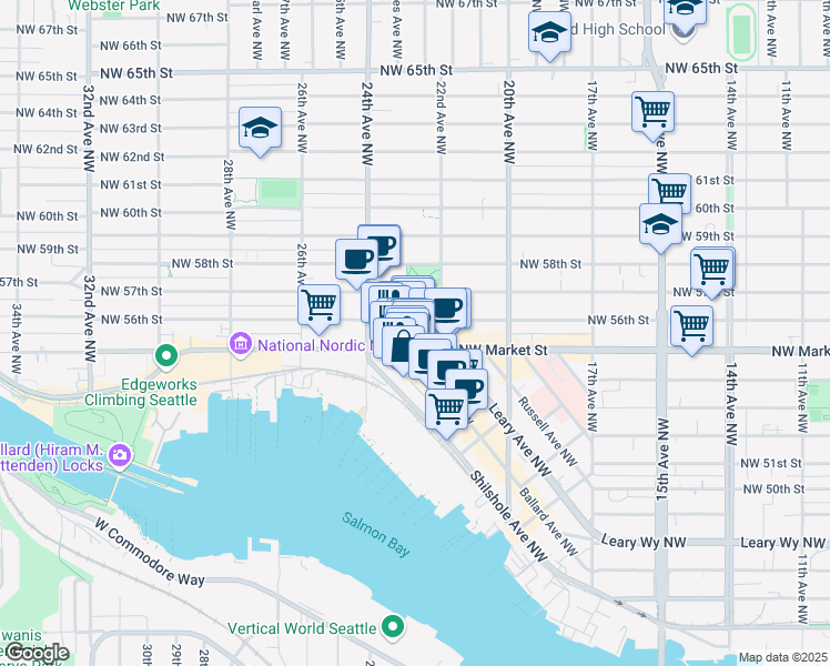 map of restaurants, bars, coffee shops, grocery stores, and more near 2305 Northwest Market Street in Seattle