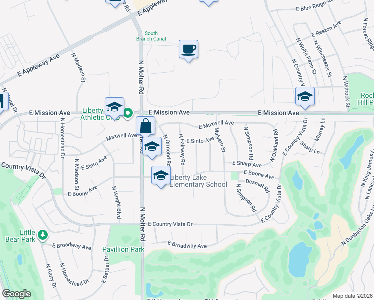 map of restaurants, bars, coffee shops, grocery stores, and more near 1215 North Stevenson Road in Liberty Lake