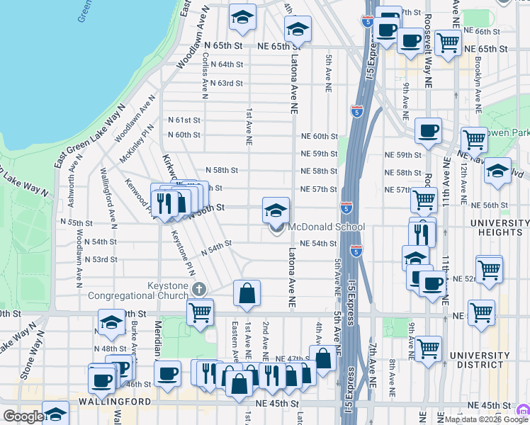 map of restaurants, bars, coffee shops, grocery stores, and more near 121 Northeast 56th Street in Seattle