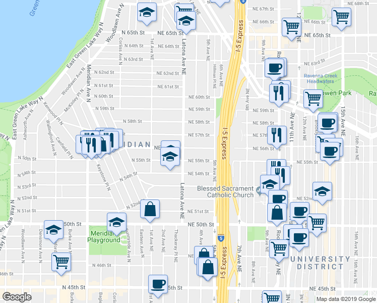 map of restaurants, bars, coffee shops, grocery stores, and more near 309 Northeast 56th Street in Seattle