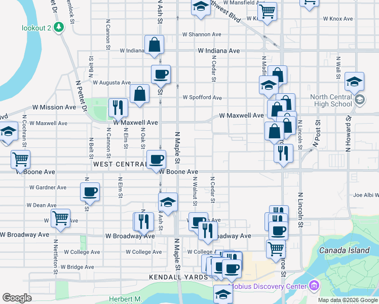 map of restaurants, bars, coffee shops, grocery stores, and more near 1508 West Sharp Avenue in Spokane