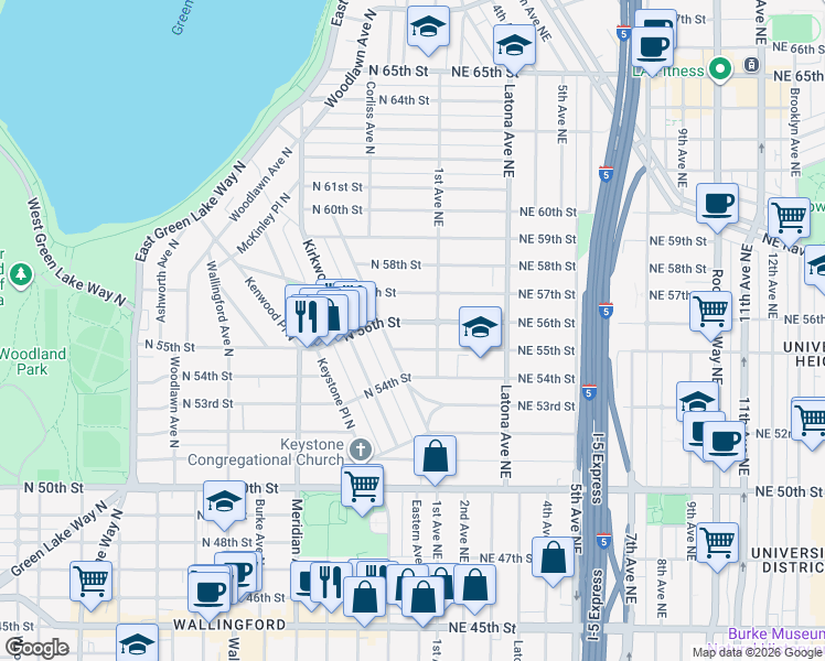 map of restaurants, bars, coffee shops, grocery stores, and more near 2311 North 55th Street in Seattle
