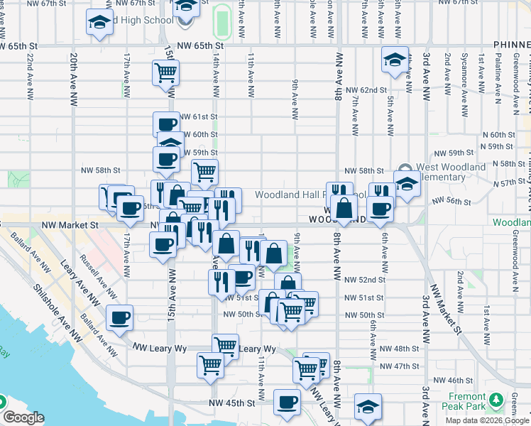 map of restaurants, bars, coffee shops, grocery stores, and more near 929 Northwest Market Street in Seattle