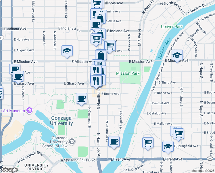 map of restaurants, bars, coffee shops, grocery stores, and more near 1001 East Boone Avenue in Spokane