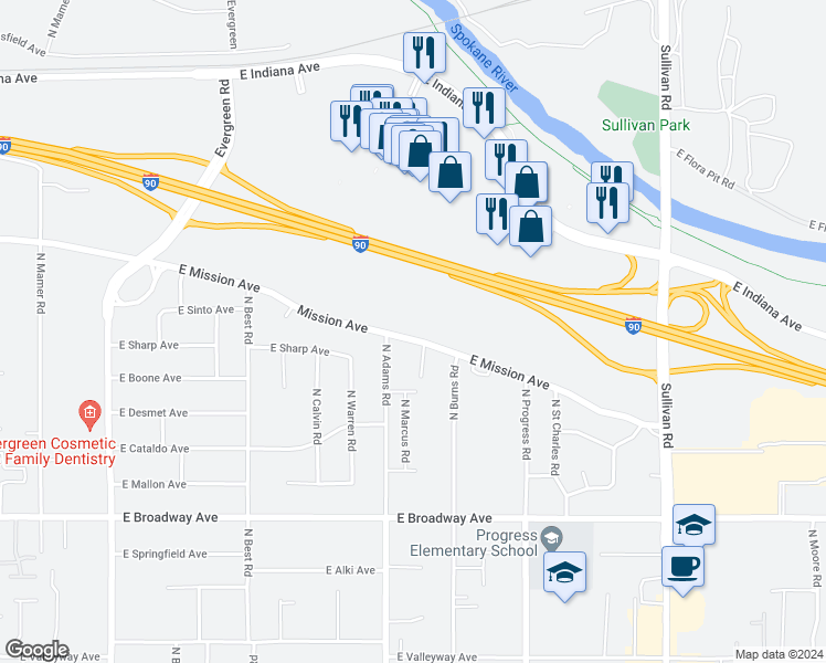 map of restaurants, bars, coffee shops, grocery stores, and more near 14721 East Mission Avenue in Spokane Valley