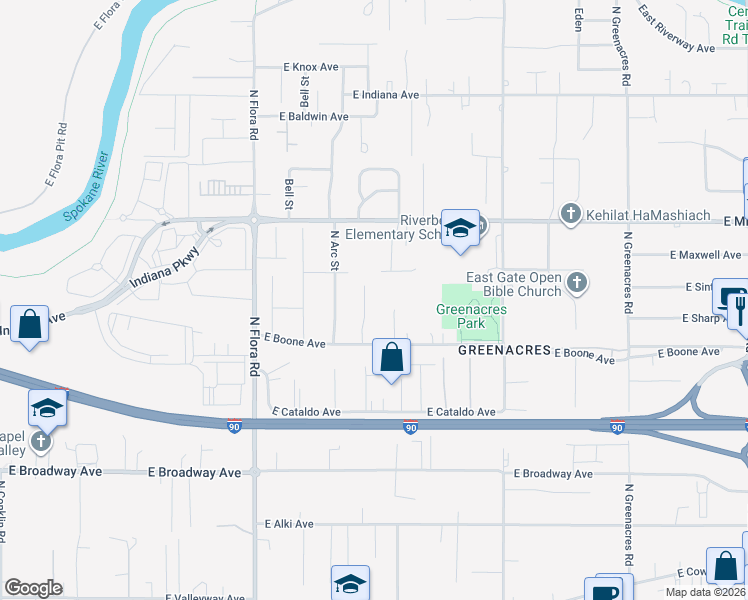 map of restaurants, bars, coffee shops, grocery stores, and more near 17501 East Boone Avenue in Spokane Valley