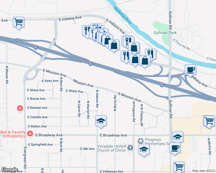 map of restaurants, bars, coffee shops, grocery stores, and more near 1218 North Marcus Road in Spokane Valley