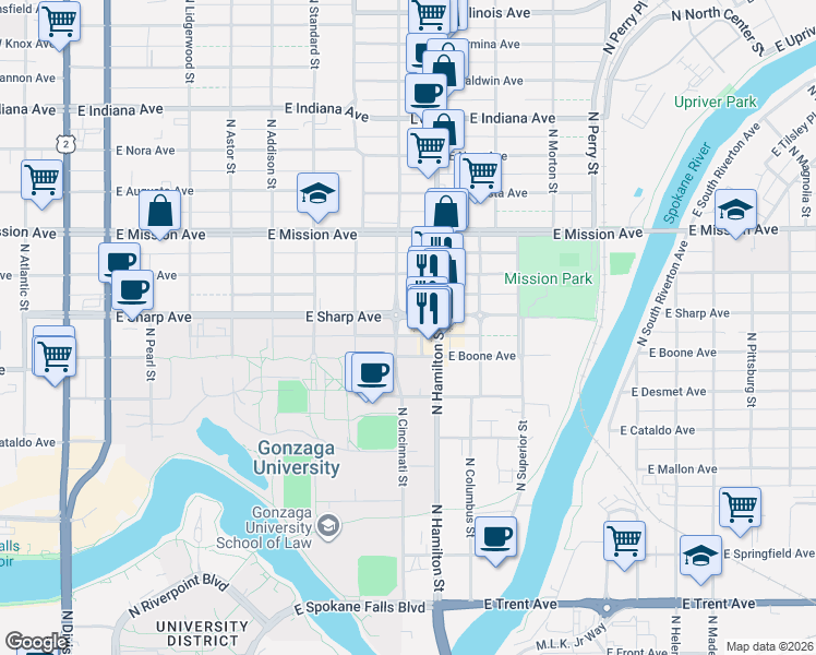 map of restaurants, bars, coffee shops, grocery stores, and more near 819 East Boone Avenue in Spokane