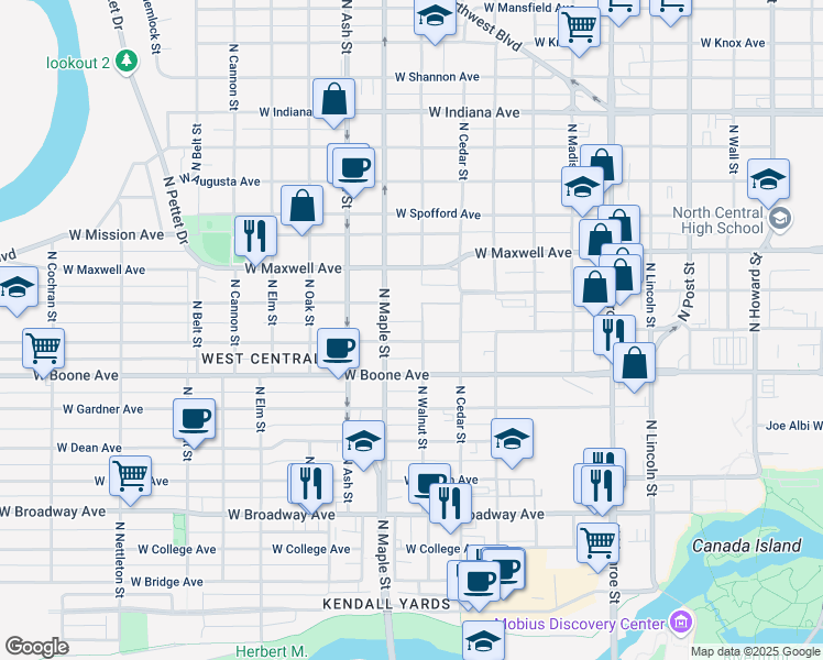 map of restaurants, bars, coffee shops, grocery stores, and more near 1523 West Sharp Avenue in Spokane