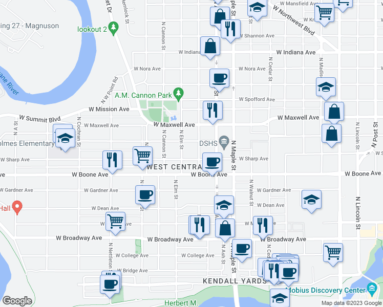map of restaurants, bars, coffee shops, grocery stores, and more near 1827 West Sharp Avenue in Spokane