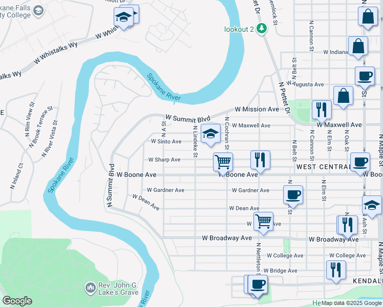 map of restaurants, bars, coffee shops, grocery stores, and more near in Spokane