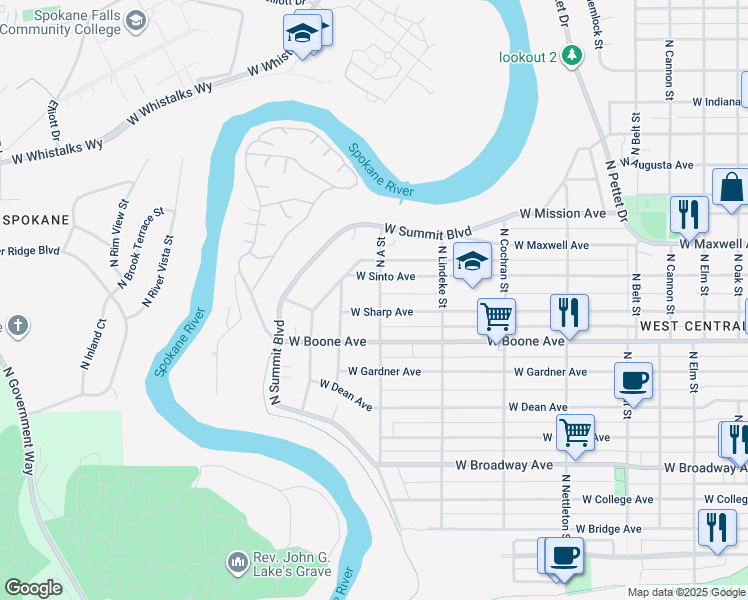 map of restaurants, bars, coffee shops, grocery stores, and more near 2911 West Sharp Avenue in Spokane