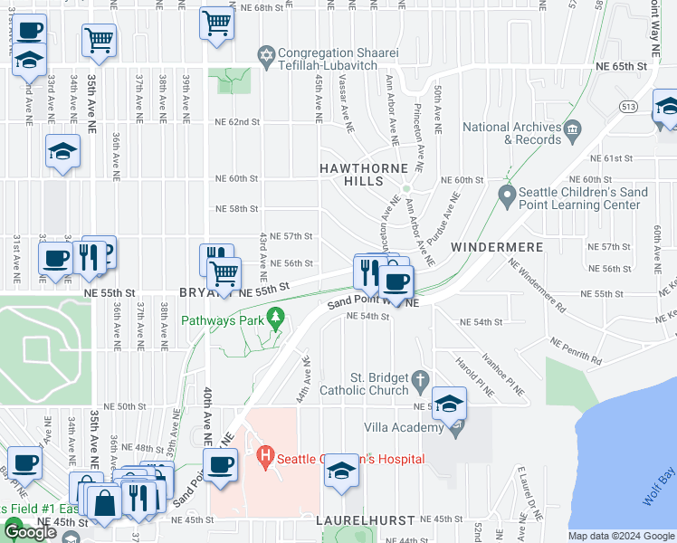 map of restaurants, bars, coffee shops, grocery stores, and more near 4523 Northeast 55th Street in Seattle