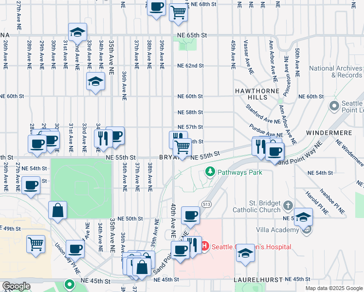 map of restaurants, bars, coffee shops, grocery stores, and more near 4008 Northeast 55th Street in Seattle